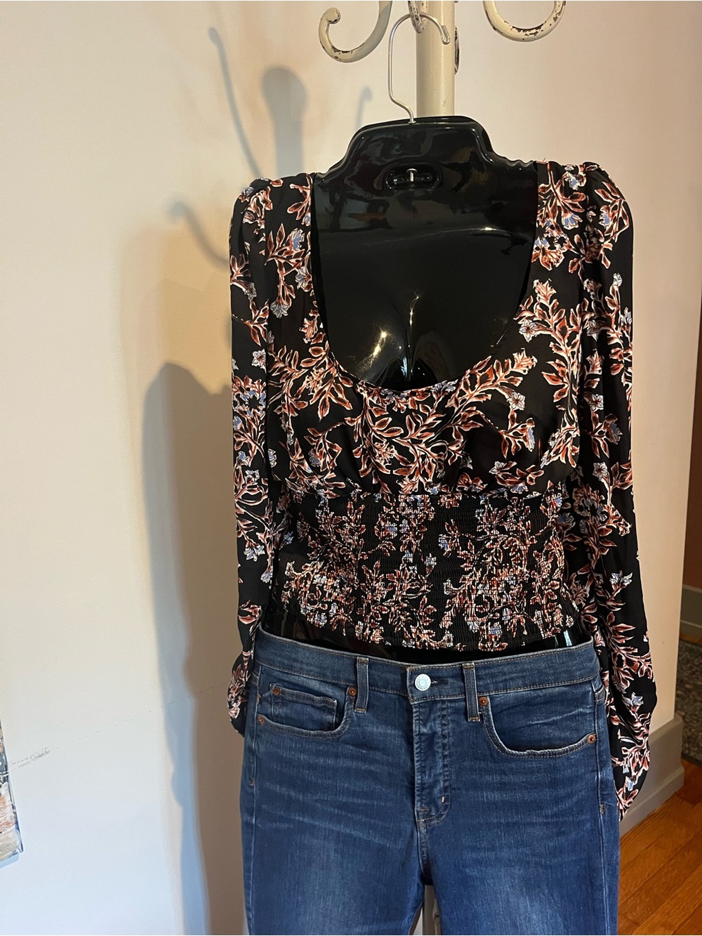 NWT Free People Black Floral Smocked-Waist Long Sleeve Top